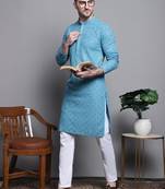 Men blue embroidered cotton kurta pajama