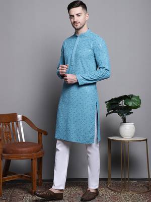 Men blue embroidered cotton kurta pajama 2