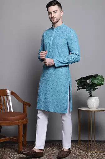 Men blue embroidered cotton kurta pajama