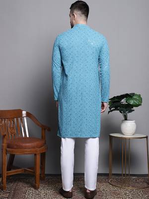 Men blue embroidered cotton kurta pajama 4