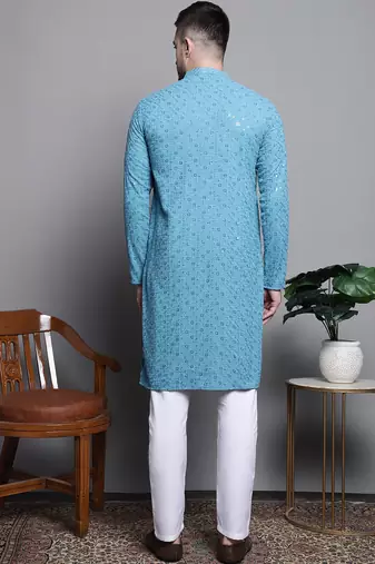 Men blue embroidered cotton kurta pajama