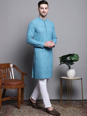 Men blue embroidered cotton kurta pajama 5