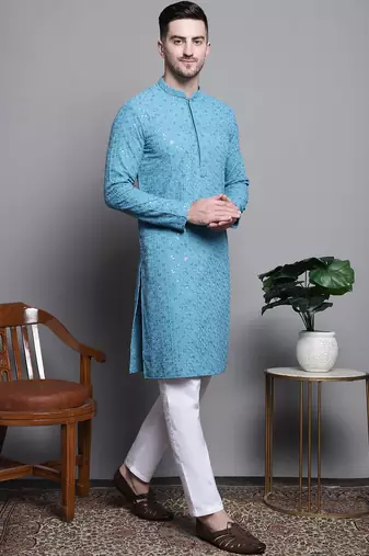 Men blue embroidered cotton kurta pajama