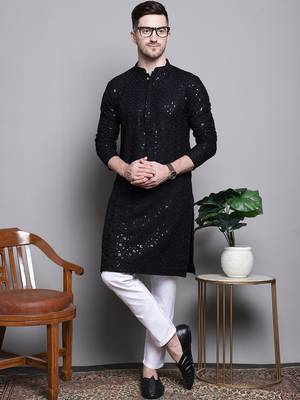 Men black embroidered cotton kurta pajama 1