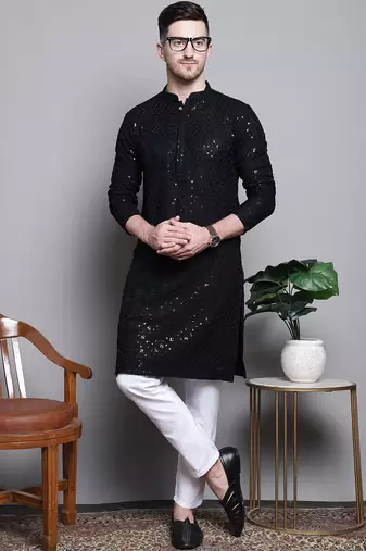 Men black embroidered cotton kurta pajama