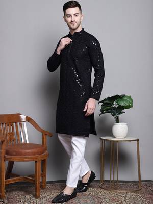 Men black embroidered cotton kurta pajama 2