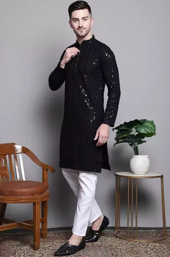 Men black embroidered cotton kurta pajama