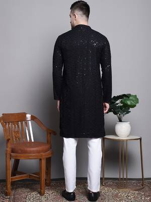 Men black embroidered cotton kurta pajama 4