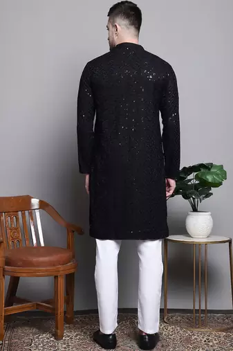 Men black embroidered cotton kurta pajama