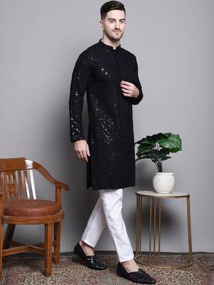 Men black embroidered cotton kurta pajama 5