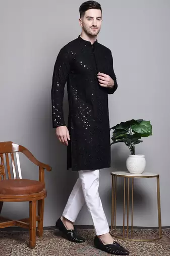 Men black embroidered cotton kurta pajama