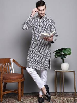 Men blue embroidered cotton kurta pajama 1