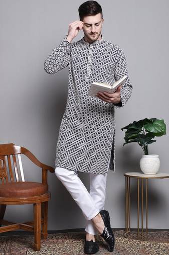 Men blue embroidered cotton kurta pajama