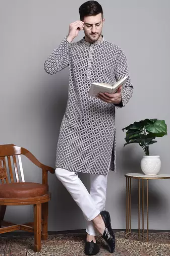Men blue embroidered cotton kurta pajama