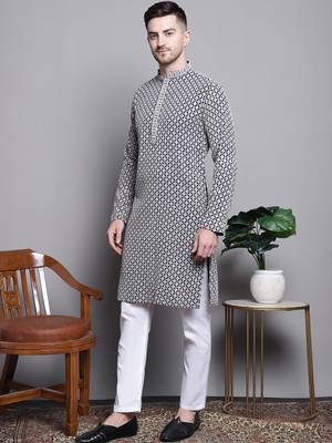 Men blue embroidered cotton kurta pajama 2
