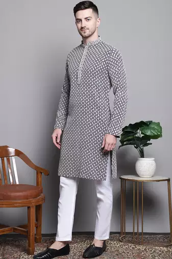 Men blue embroidered cotton kurta pajama