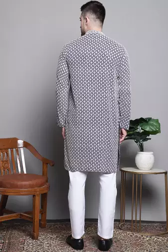 Men blue embroidered cotton kurta pajama
