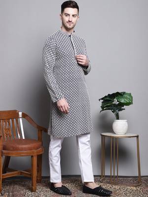 Men blue embroidered cotton kurta pajama 5