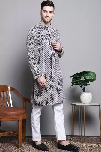 Men blue embroidered cotton kurta pajama