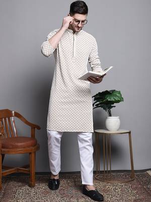 Men beige embroidered cotton kurta pajama 1