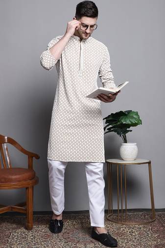 Men beige embroidered cotton kurta pajama