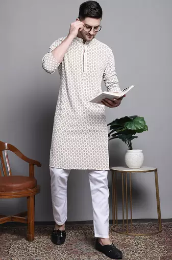Men beige embroidered cotton kurta pajama