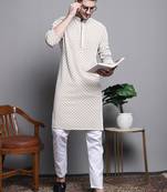 Men beige embroidered cotton kurta pajama