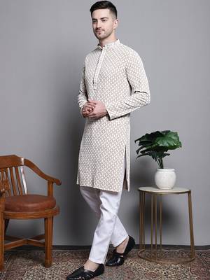 Men beige embroidered cotton kurta pajama 2