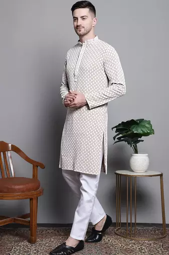 Men beige embroidered cotton kurta pajama