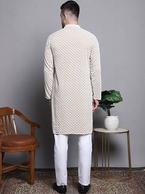 Men beige embroidered cotton kurta pajama 4
