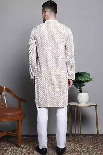 Men beige embroidered cotton kurta pajama
