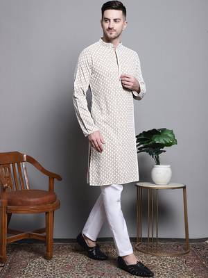 Men beige embroidered cotton kurta pajama 5