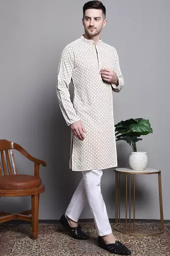 Men beige embroidered cotton kurta pajama