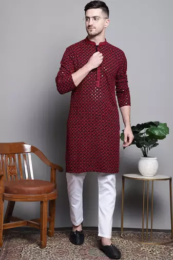 Men red embroidered cotton kurta pajama