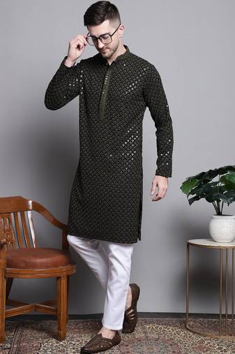 Men green embroidered cotton kurta pajama