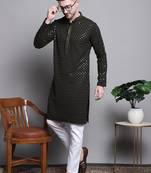 Men green embroidered cotton kurta pajama