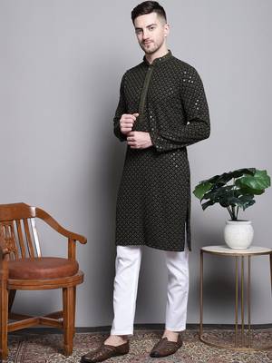 Men green embroidered cotton kurta pajama 2