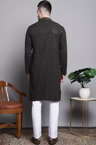 Men green embroidered cotton kurta pajama