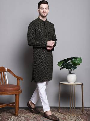 Men green embroidered cotton kurta pajama 5