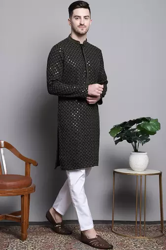 Men green embroidered cotton kurta pajama