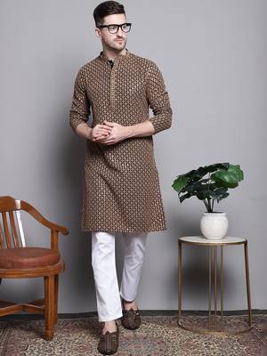 Men brown embroidered cotton kurta pajama 1