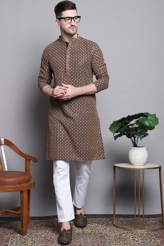 Men brown embroidered cotton kurta pajama