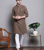 Men brown embroidered cotton kurta pajama