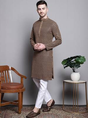 Men brown embroidered cotton kurta pajama 2