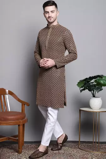 Men brown embroidered cotton kurta pajama