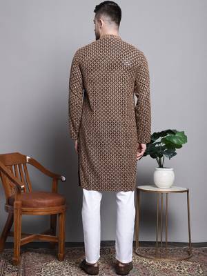 Men brown embroidered cotton kurta pajama 4