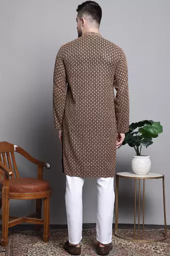Men brown embroidered cotton kurta pajama
