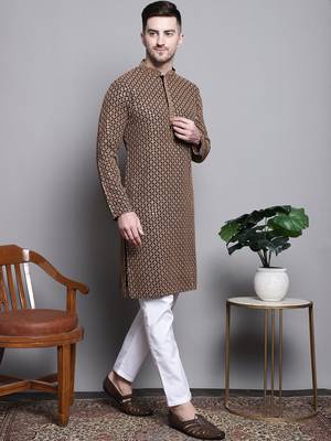 Men brown embroidered cotton kurta pajama 5
