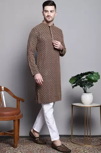 Men brown embroidered cotton kurta pajama