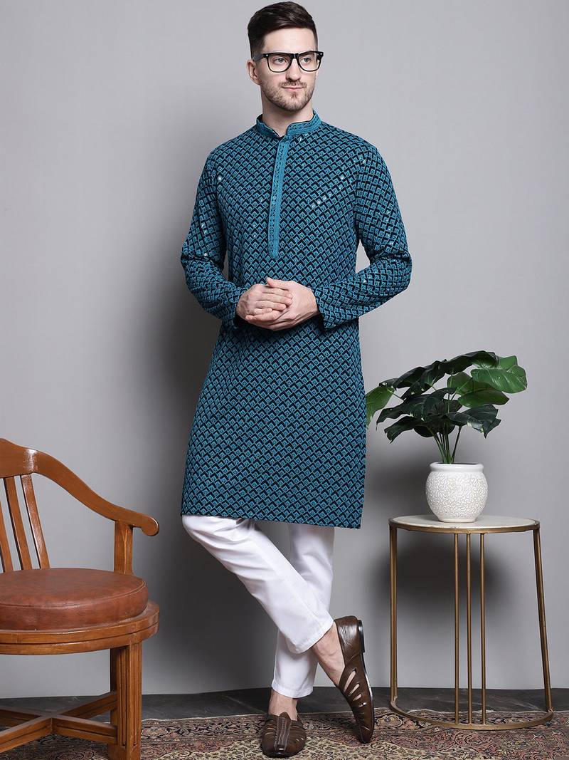 Men blue embroidered cotton kurta pajama